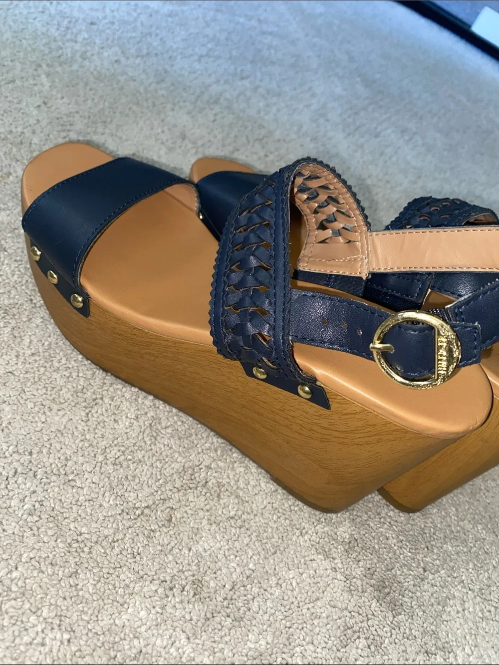 Tommy Hilfiger Platform Wedges Sandals Womens 7.5M Blue Gold Logo Strappy Boho